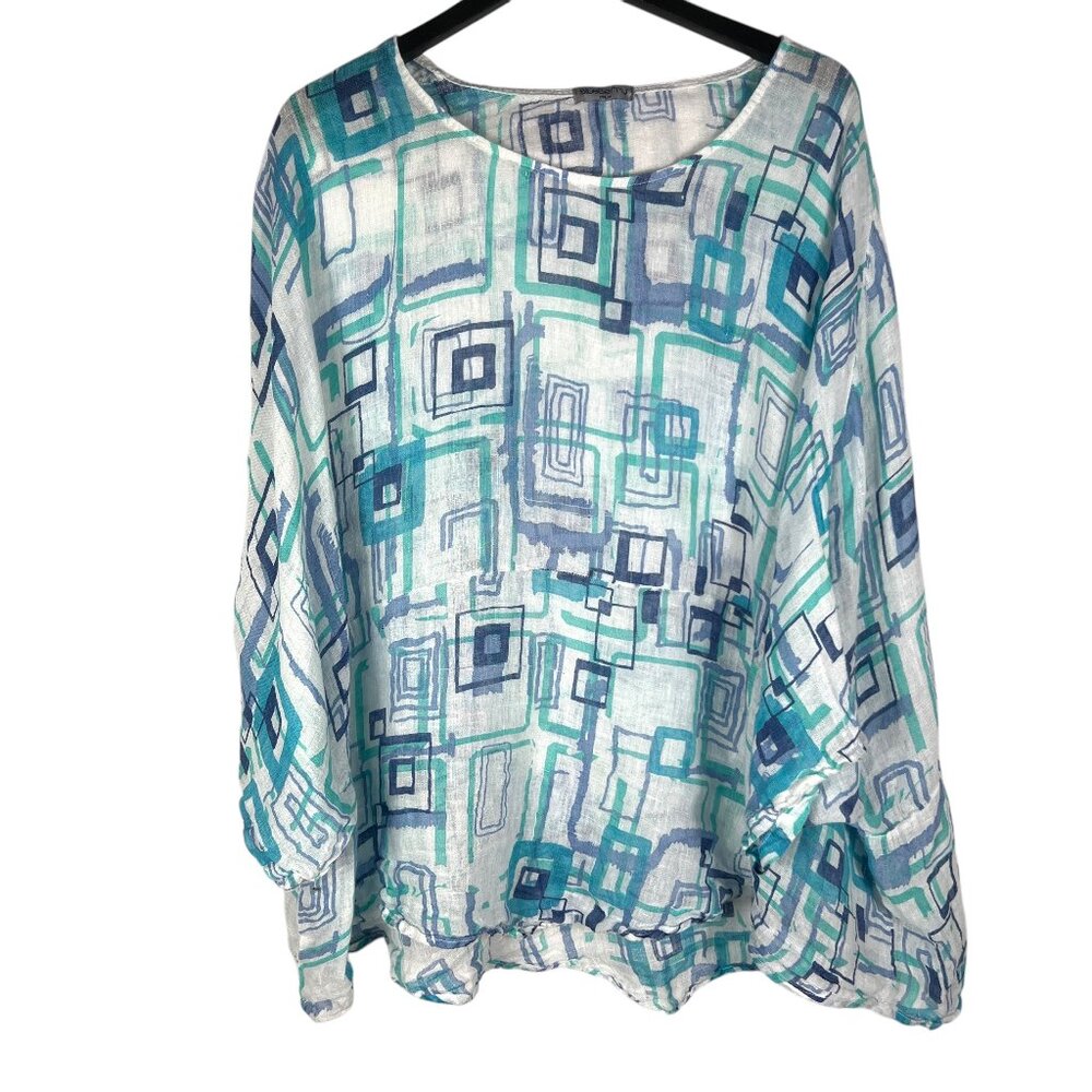 BlueBerry Italia 100% Linen Oversized Geometric Tunic Top Blue Size TU / OS